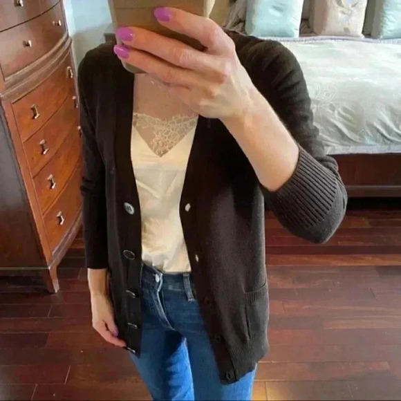 Devoted  Cardigan Sweater Button Front V Neck Pockets Chocolate Brown Medium - Picture 15 of 15